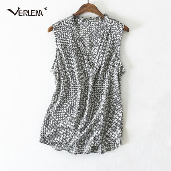 

women's blouses & shirts verlena ol 100% silk gray blouse geometric pattern v-neck japan style sleeveless tank shirt women 2021 summer, White