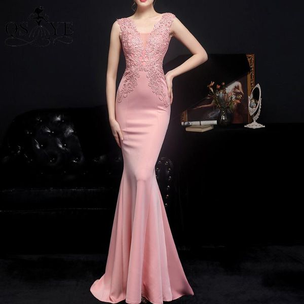 

party dresses qsyye pink prom 2021 elastic mermaid long dress women appliques lace formal gown sleeveless v neck evening, White;black