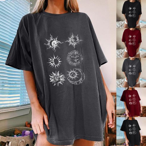 

fashion t-shirts summer clothes for women's vintage sun and moon printed pattern casual short sleeve camisetas de mujer t-shirt, White