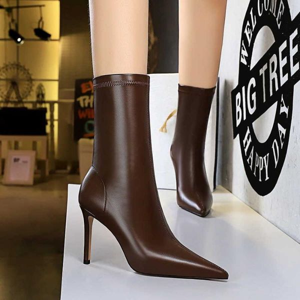 

sandals boots women's british style single high heel pointed socks thin elastic medium short, Black