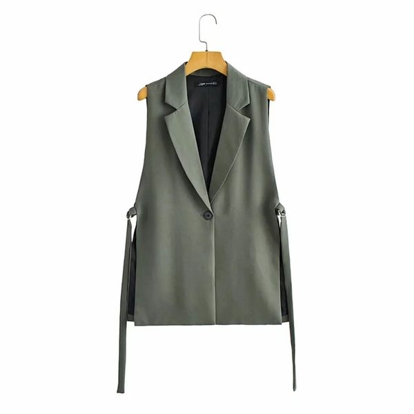 XEASY Estate Donna Casual Grigio Fessura laterale con scollo a V Gilet con un bottone Gilet vintage femminile senza maniche Top chic da donna 211120