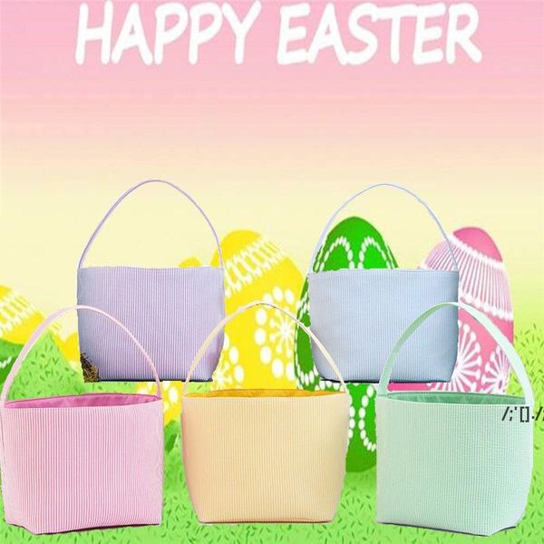 5 Farben Seersucker Streifen Ostern Eimer Festliche Kinder Süßigkeiten Tasche Kleidung Lagerung Korb Outdoor Tragbare Picknick Taschen Festival Dekor RRA11297