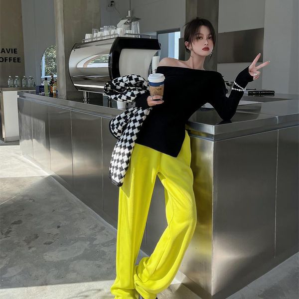 

women's two piece pants spring autumn slash neck slim sweater and wide leg outfit, White