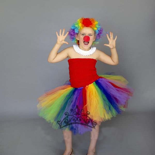 

girl's dresses girls clown tutu dress kids red crochet tulle with rainbow wig and nose set children party costume cosplay tutus, Red;yellow