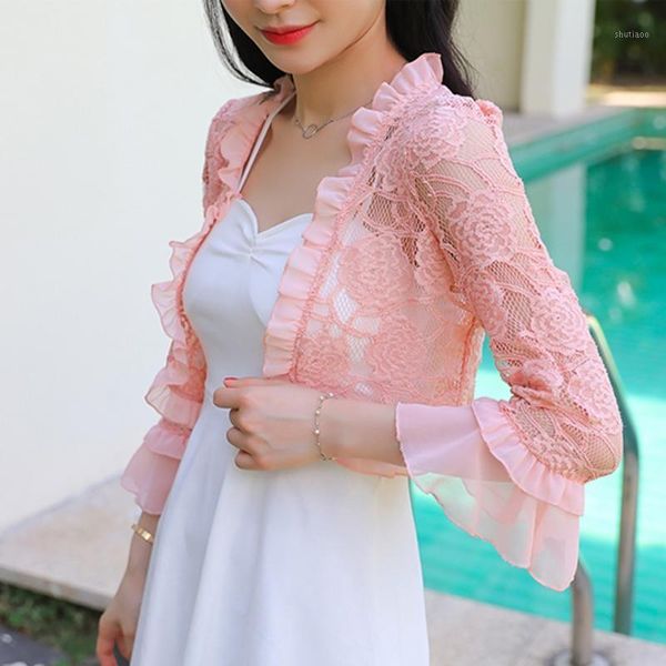 

women's blouses & shirts summer 2021 lace shirt women blouse hollow out crochet short cardigan shawl waistcoat vest blusas femininas t, White