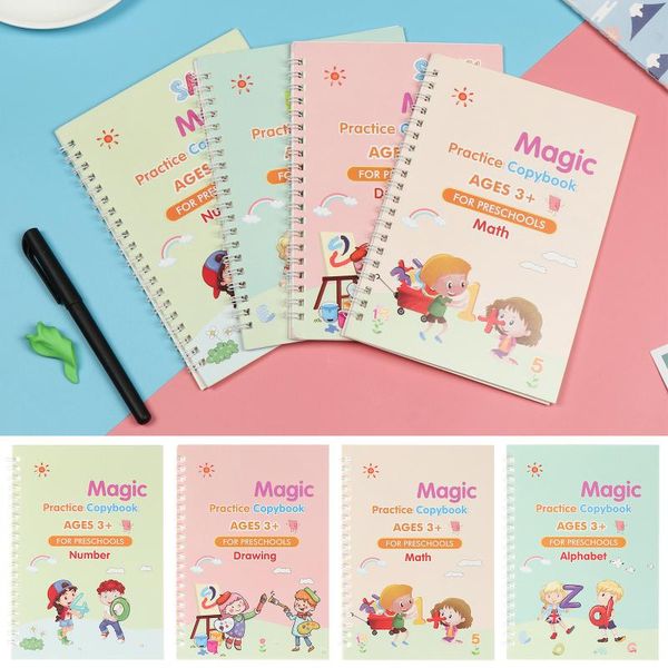

1set magic practice copybook reusable book children calligraphy writing sticker english version with disappearing ink pen notepads, Purple;pink