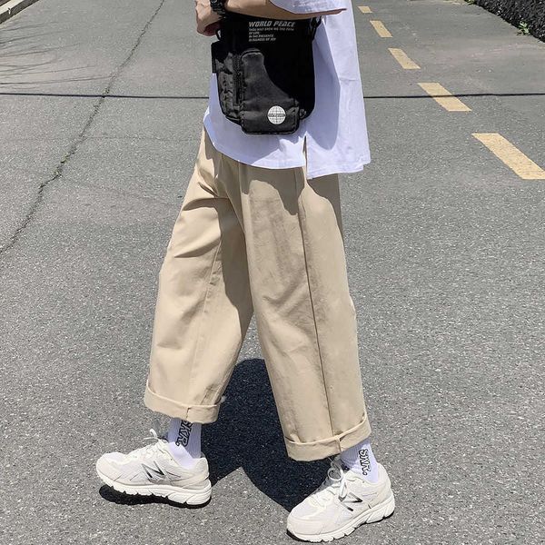 

hybskr men's straight ankle-length pants fashion casual oversize pants solid color trousers harajuku streetwear 210714, Black