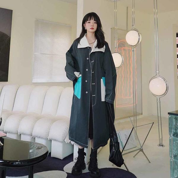 

women's trench coats spring autumn real s long coat fashionable temperament 2021 loose classic color matching, Tan;black