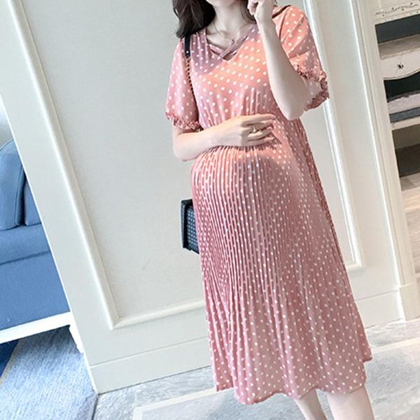 

maternity dresses summer dress clothes women's pink chiffon polka dot casual for pregnant women, White