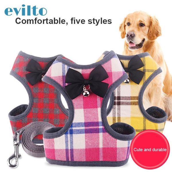 

dog collars & leashes plaid pet leash small harness and set cat vest with bells bowknot mesh padded for puppy dogs walking