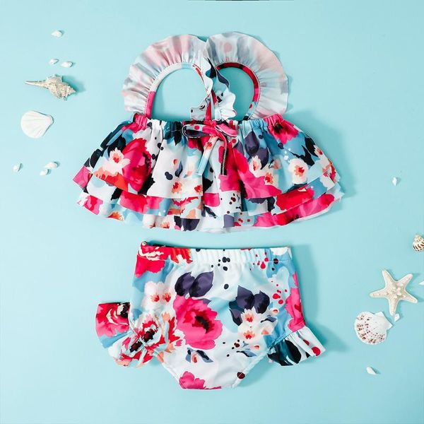 

women's swimwear 2pcs toddler baby girls swimsuits set children multicolor print sleeveless ruffle bikini beachwear cute bathing 2021, White;black
