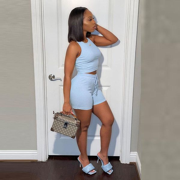 

women's tracksuits women set solid active sleeveless crop tank drawstring waist short two 2 piece sets tracksuit sporty summer outfits, Gray