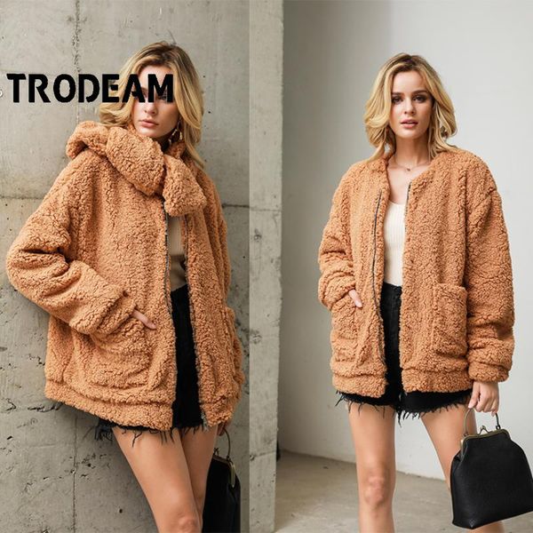 

women's fur & faux trodeam autumn winter 2021 teddy coat female collar detachable loose plush jacket soft warm padded coats, Black