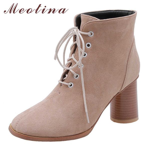 

meotina autumn ankle boots women boots lace up round high heels short boots fashion round toe shoes ladies winter big size 33-46 210608, Black
