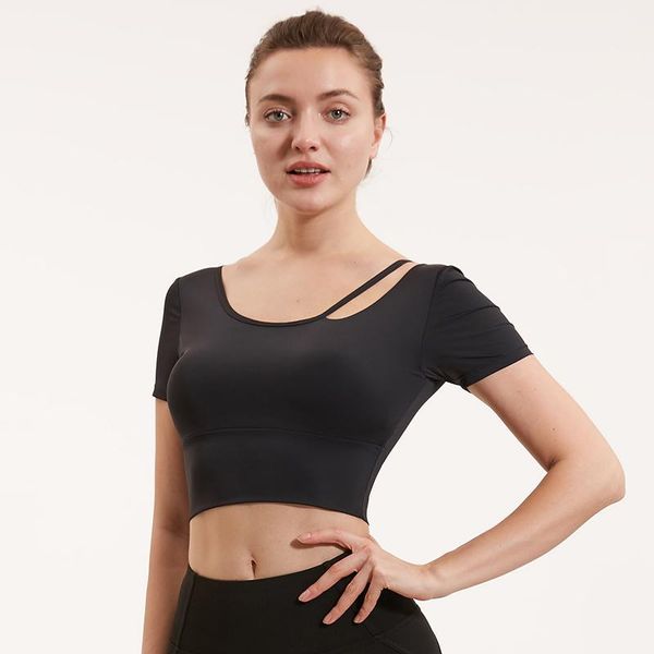 

vansydical womens backless yoga gym shirt quick dry t-shirts padded crop solid short sleeve running fitness jerseys, Black;blue