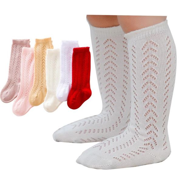 

kids baby girls soft socks hollow out knee-high comfortable toddler solid mesh children spring autumn stockings, Pink;yellow