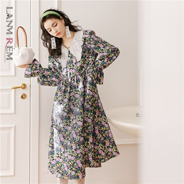 

women printing dress lace turn-down collar ruffles sleeve loose fit female fashion spring arrivals 2e1693 210507, Black;gray