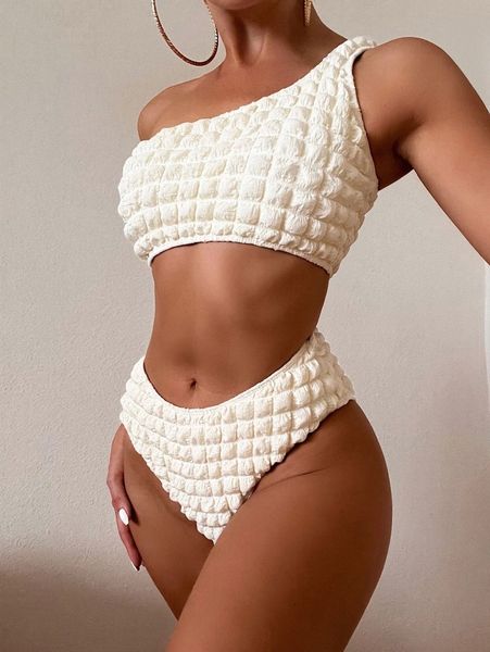 

plain textured one shoulder bikini swimsuit u3op#, White;black