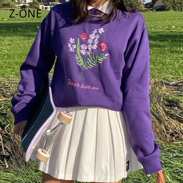 

women's hoodies & sweatshirts z-one 2021 winter clothing purple embroidered flower loose round neck long sleeve hoodie casual, Black