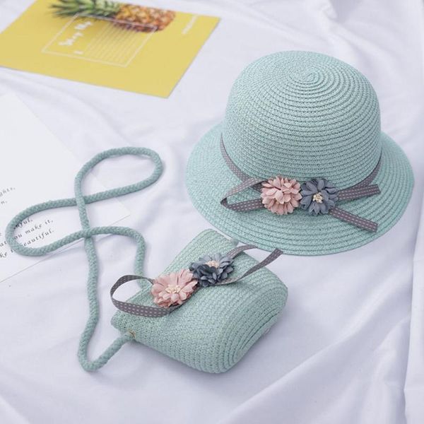 

wide brim hats summer girl children 2 pieces set straw hat+ handbag flower visor cap hat kid baby sun, Blue;gray
