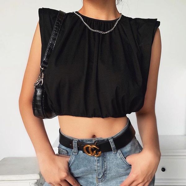 

women's t-shirt sleeveless shoulder pad women street strap navel wild summer, White