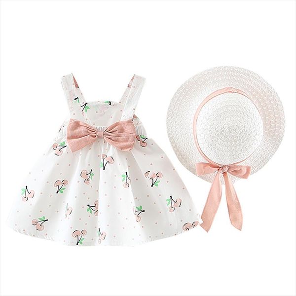 

summer newborn baby girls clothes sleeveless cherry dress outfits set dot printed cute princess dresses sets bow hat outfit, White
