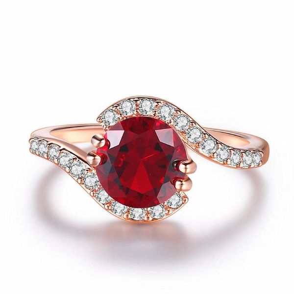 Кластерные кольца Классические красные кристалл Ruby Gemstones Diamonds для женщин розовый золотой тональный ювелирные изделия свадебные обручальные кольца Bague Party подарки