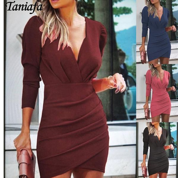 

casual dresses ladies elegant solid color v-neck long-sleeved bodycon dress women fashion night wedding mini party short, Black;gray