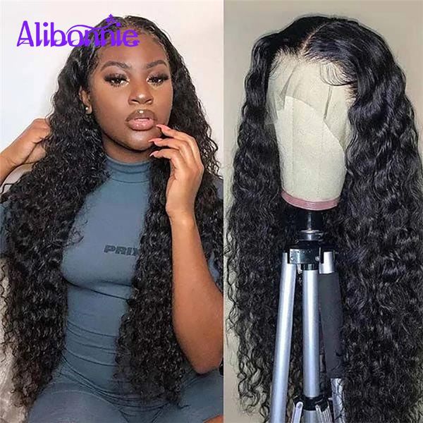 

lace wigs alibonnie deep wave front wig for women human hair 5x5x1 t part pre plucked with baby brazilian remy, Black;brown
