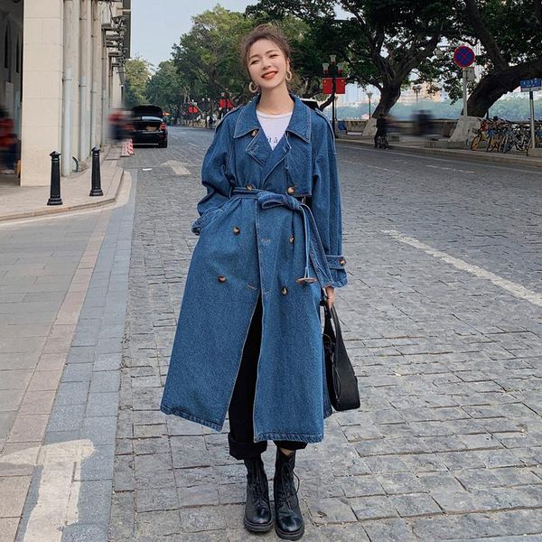

women's trench coats elegant long women denim coat double-breasted with belt lady duster female cloak spring autumn clothes, Tan;black