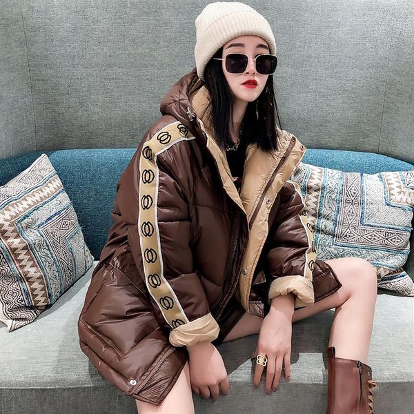 

loose contrast color stitched jacket women's 2021 winter new white duck down warm and versatile hooded thin short coat, Black