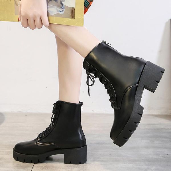 

boots women's winter thick soled heel fashion warm lace up shoes, Black