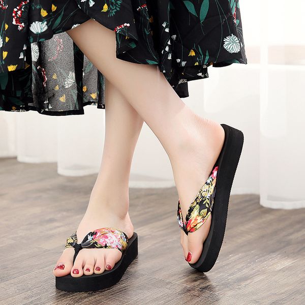 

luxury slippers stamping summer fashion cool bohemian satin cloth belt women's thick bottom slope heel herringbone beach slippers, Black