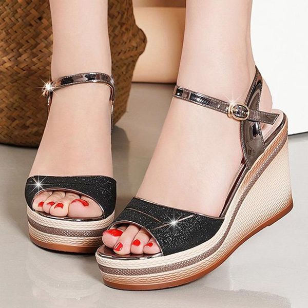 

sandals sagace women shoes ladies fashion peep toe sandalias wedges platforms crystal high heels leather, Black