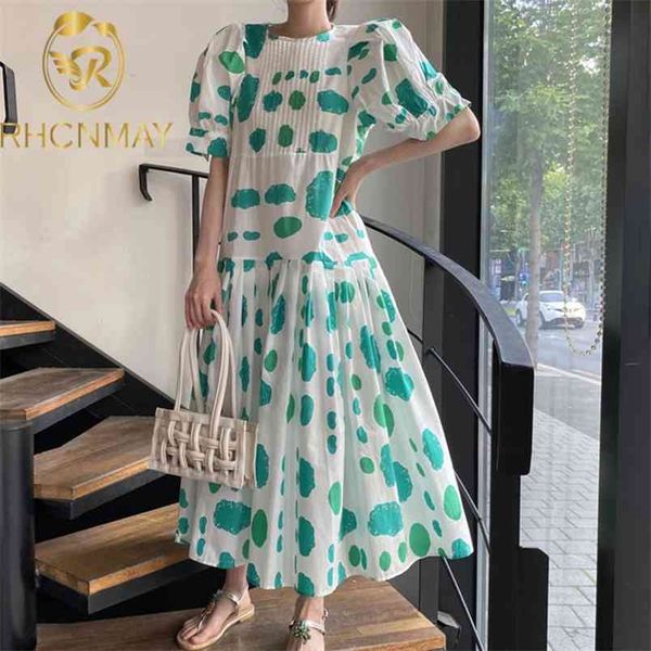 Sommer Chic Frauen Elegantes Kleid Koreanische Dot Muster Puff Hülse Weibliche Kleider O Hals Geraffte Vintage Süße Robe Femme 210506