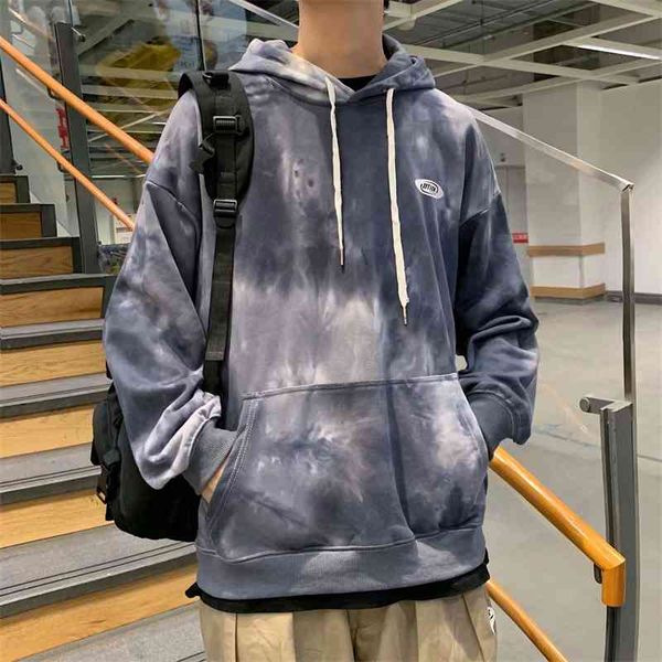 

autumn new smiling face tie dyed sweater men's high street lazy phoenix loose hooded personality gradient, Black