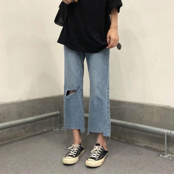 

women's jeans high waist ripped women streetwear ankle-length denim pants 2021 fashion korean style casual jean woman p380, Blue