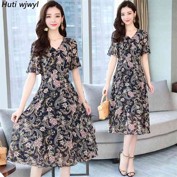 

korean boho beach midi dress summer vintage plus size floral chiffon sundress elegant women blue short sleeve vestidos 210528, Black;gray
