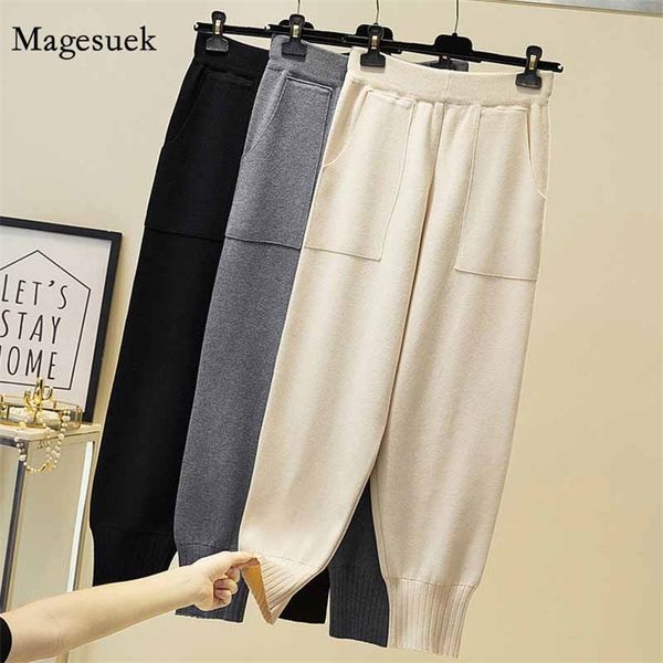 

korean casual cotton high waist pants women loose pockets elastic knitted trousers pantalon 11805 210512, Black;white