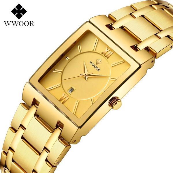 

wristwatches wwoor luxury gold full steel watches mens square quartz wristwatch for men sport waterproof week and date, Slivery;brown