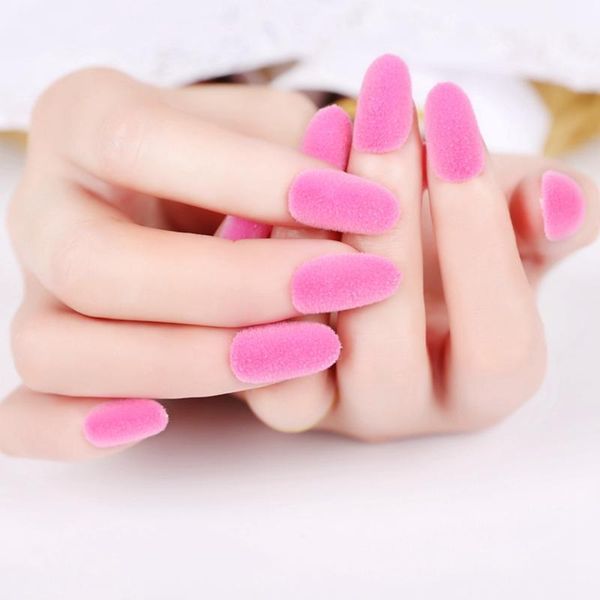 matte pink acrylic fake nails fluffy velvet flocking decoration false nail 24pcs kit z4141, Red;gold