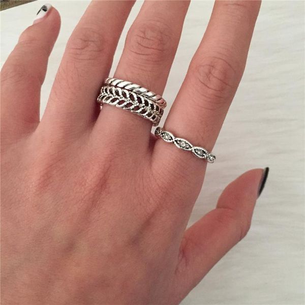 

cluster rings vintage antique rhodium color plating leaf effect engraved textured 3pcs ring set for women girl bohemia jewelry accessory, Golden;silver