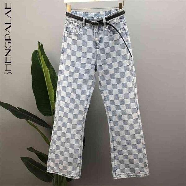 

streetwear plaid jeans women's spring summer high waist contrast color straight denim pants female tide 210427, Blue