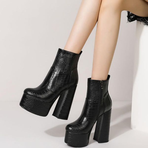 

boots doratasia female square heel round toe zipper solid super high ankle women platform women's shoes, Black