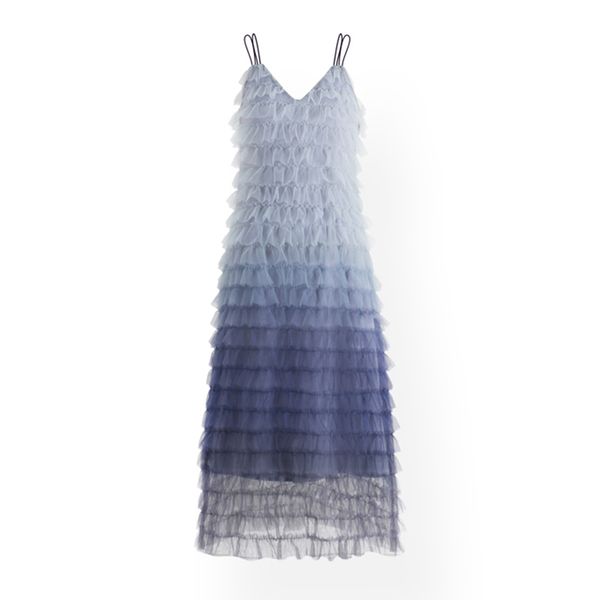 

gradient blue cascading ruffle spaghetti strap sleeveless v neck midi dress chic mesh sweet cupcake d1343 210514, Black;gray
