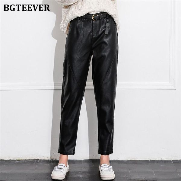 

women's pants & capris bgteever casual sashes pu leather women high waist belted faux trousers female pencil pantalon femme 2021, Black;white