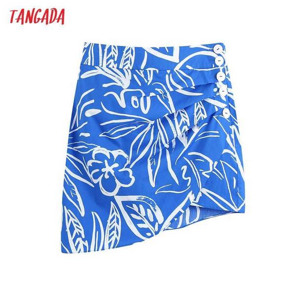 

tangada summer women vintage blue flower print pleated skirt side pleated buttons mini skirt be811 210609, Black