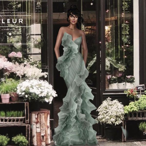 Menta verde sereia vestidos de baile strapless floral ruffles tiered clound tulle fishtail vestido de noite mulheres vestidos de concurso 2022