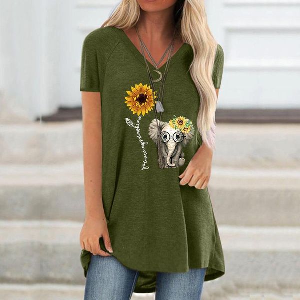 

women's t-shirt women shirts spring and summer 2021 pullover v-neck print loose casual black green short sleeve longer, White