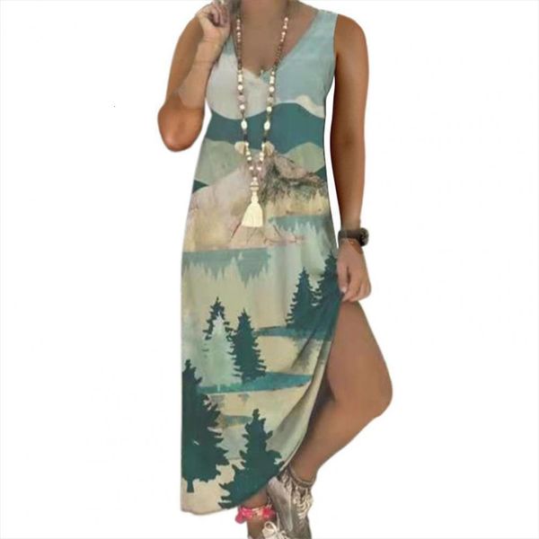 

bohemian elegant print women dress v neck summer sleeveless sing plus size loose waist casual beach party, Black;gray